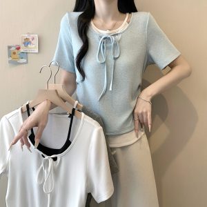 Plus Size Women's Color Block Faux Two Piece Cinched Waist Curved Hem Short Sleeve T-Shirt Summer 2026