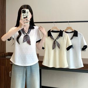 Plus Size Women's French Elegant Color Block Jacquard Short Sleeve Top Summer 2026 - Style fecc95