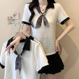 Plus Size Women's French Elegant Color Block Jacquard Short Sleeve Top Summer 2026 - Style feccbd