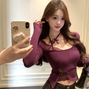Pure Desire Hot Girl Halter Lace Long Sleeve T-Shirt Base Layer Sexy Slimming Unique Beautiful Top Women