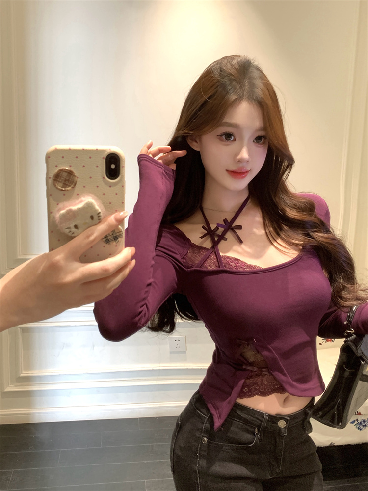Pure Desire Hot Girl Halter Lace Long Sleeve T-Shirt Base Layer Sexy Slimming Unique Beautiful Top Women