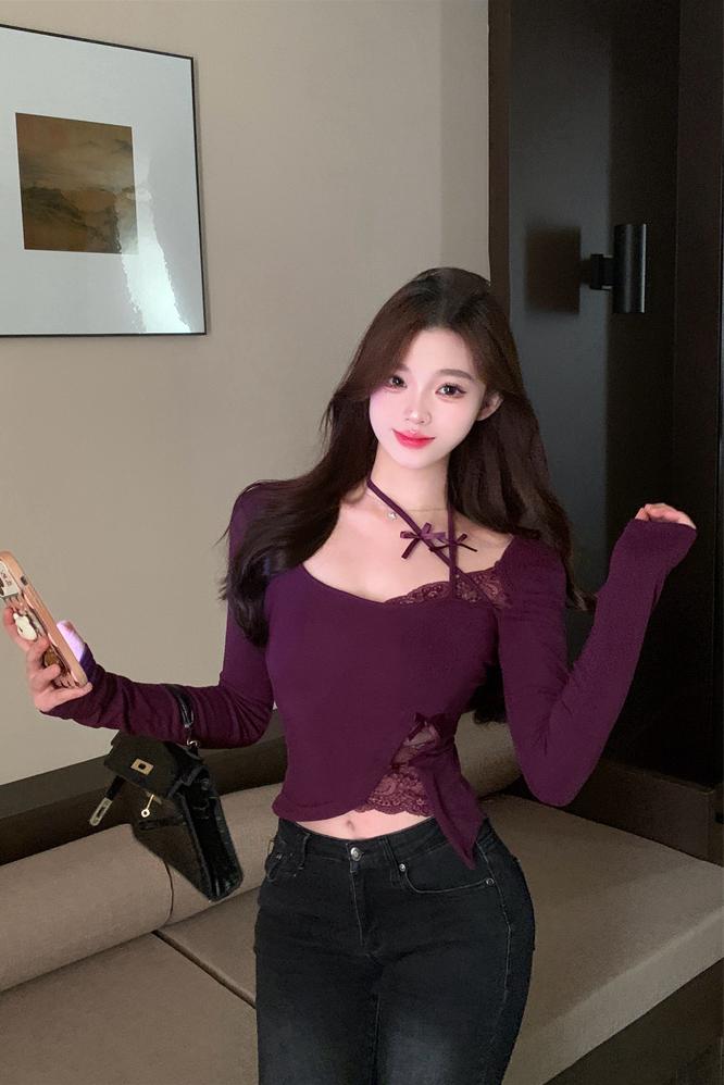 Pure Desire Hot Girl Halter Lace Long Sleeve T-Shirt Base Layer Sexy Slimming Unique Beautiful Top Women - Image 5