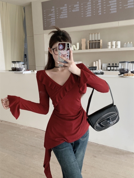 pure-desire-ruffle-v-neck-slimming-knit-top-women-2025-early-spring-plus-size