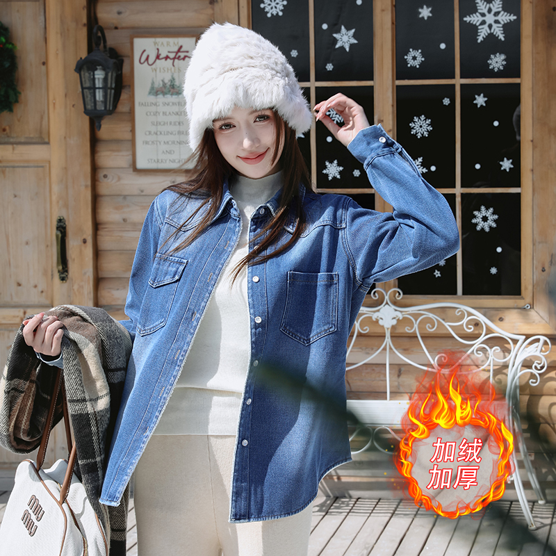 Women's Fleece-Lined Denim Jacket Korean Style Soft Warm Winter 2025 - Image 2