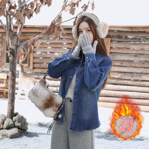 Women's Fleece-Lined Denim Jacket Korean Style Soft Warm Winter Casual