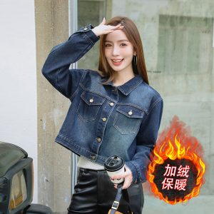 Women's Fleece-Lined Short Denim Jacket Korean Style Slim Fit Casual Winter Coat