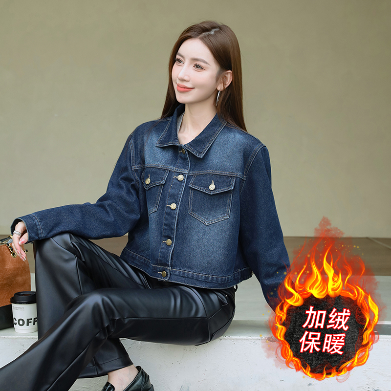 Women's Fleece-Lined Short Denim Jacket Korean Style Slim Fit Casual Winter Coat - Image 2