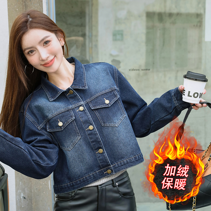 Women's Fleece-Lined Short Denim Jacket Korean Style Slim Fit Casual Winter Coat - Image 3