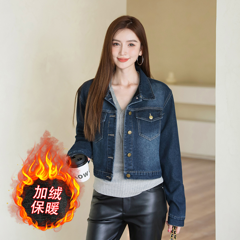 Women's Fleece-Lined Short Denim Jacket Korean Style Slim Fit Casual Winter Coat - Image 4