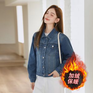 Women's Fleece-Lined Thick Denim Jacket Korean Style Slimming Casual Winter Outerwear