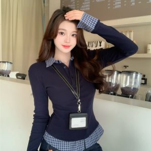 Women's Navy Blue Polo Collar Faux Two-Piece Long Sleeve T-Shirt Slim Fit Fall Top - Style ba5702