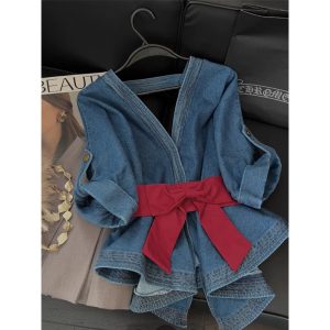 Women's V-Neck Denim Shirt with Bow Backless Waist-Cinched Top
