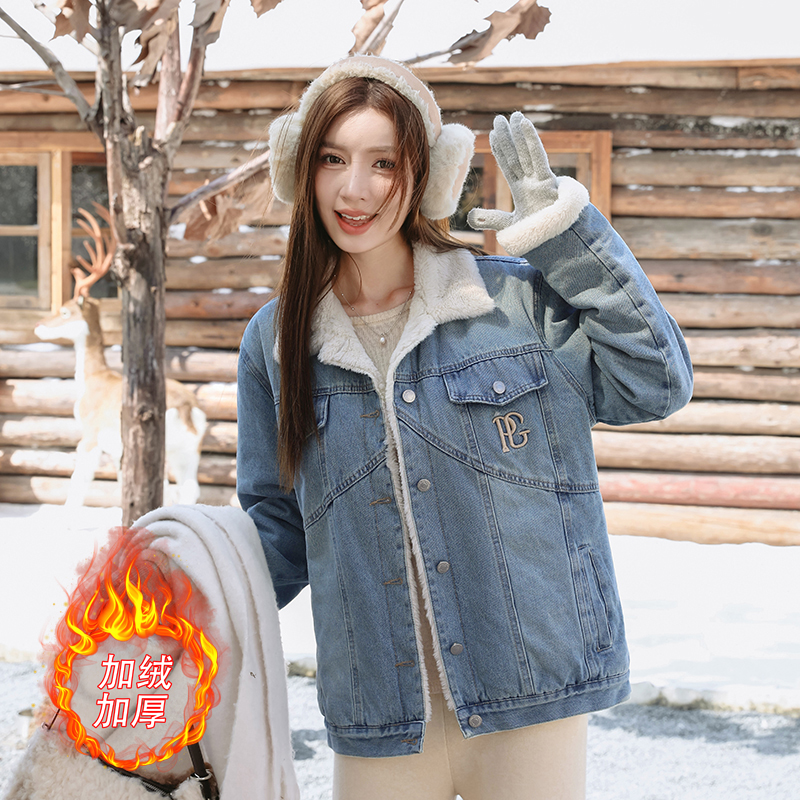 Women's Winter Embroidered Denim Cotton Jacket Loose Warm Padded Coat